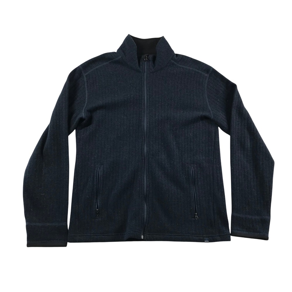 Prana Mens Recycled Wool Blend Full Zip Ribbed Sweater Jacket Navy Blue Large